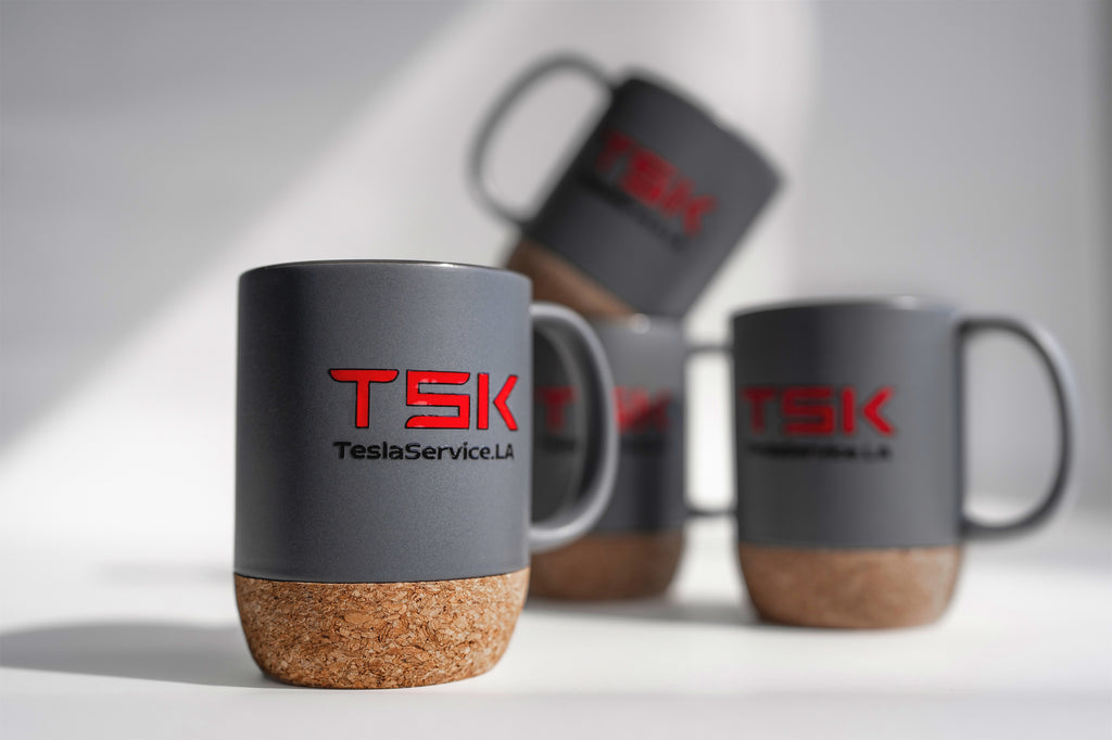 TSK Premium Coffee Mug – TeslaService.LA Edition (Matte Gray / Cork Base)