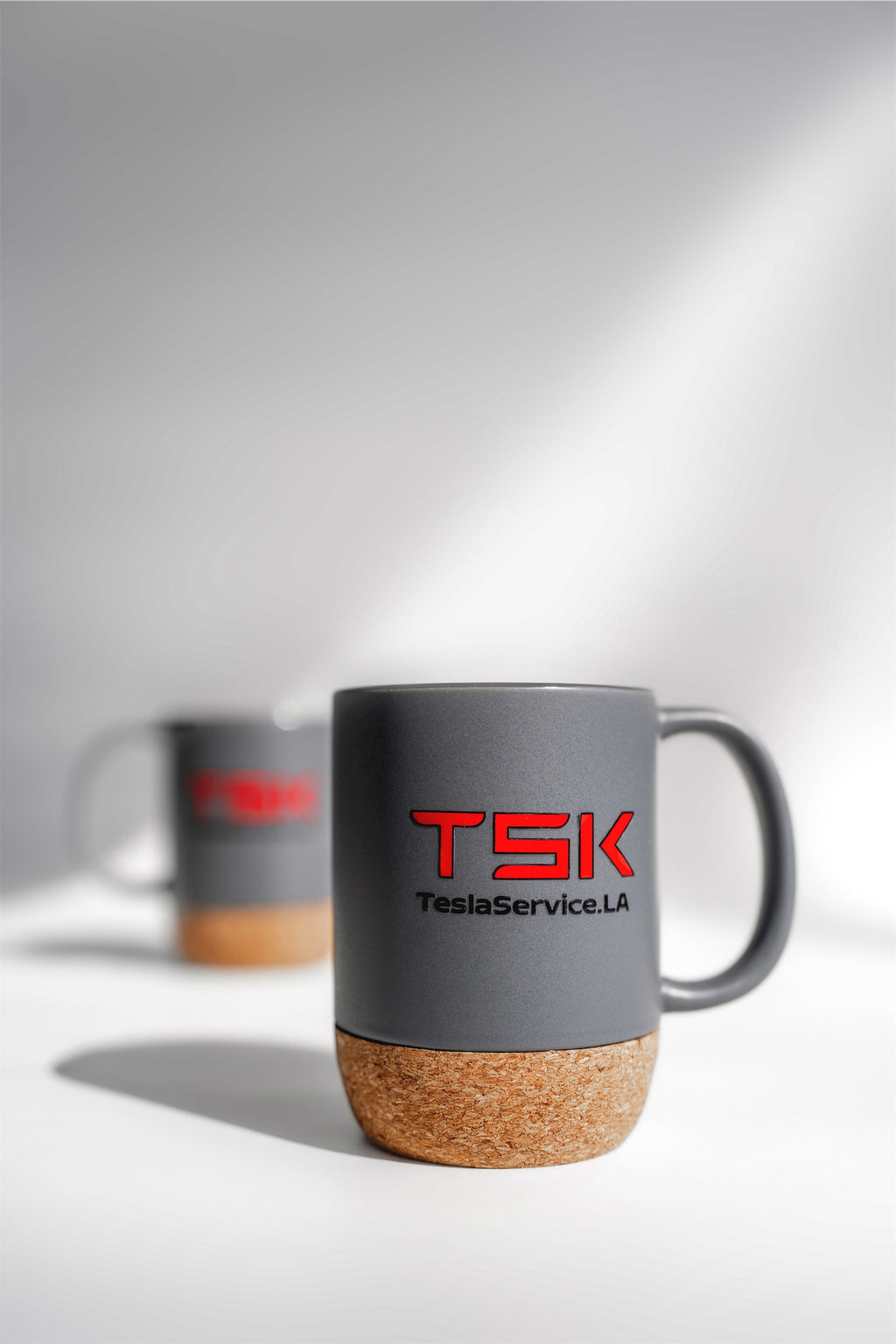 TSK Premium Coffee Mug – TeslaService.LA Edition (Matte Gray / Cork Base)