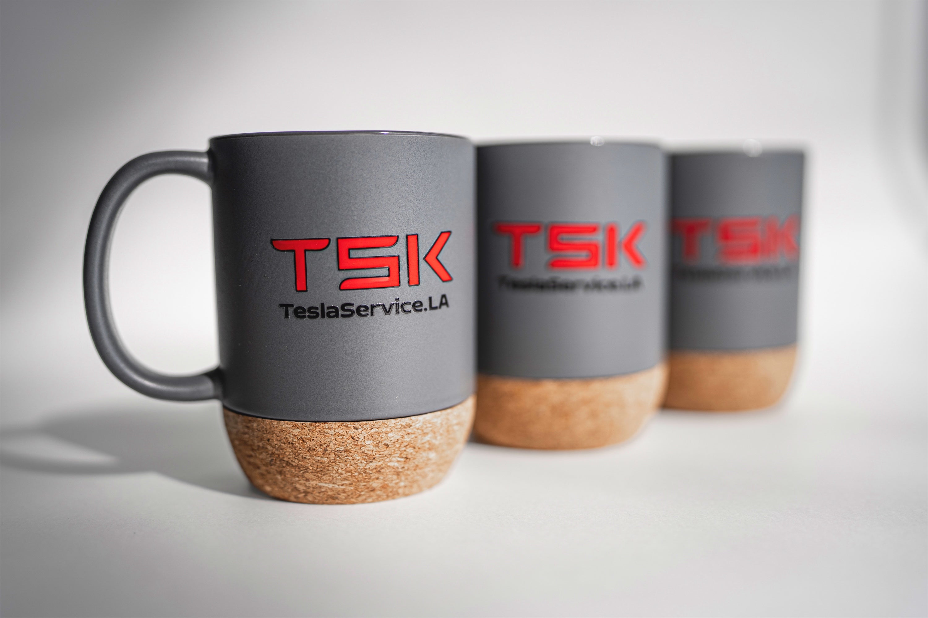 TSK Premium Coffee Mug – TeslaService.LA Edition (Matte Gray / Cork Base)