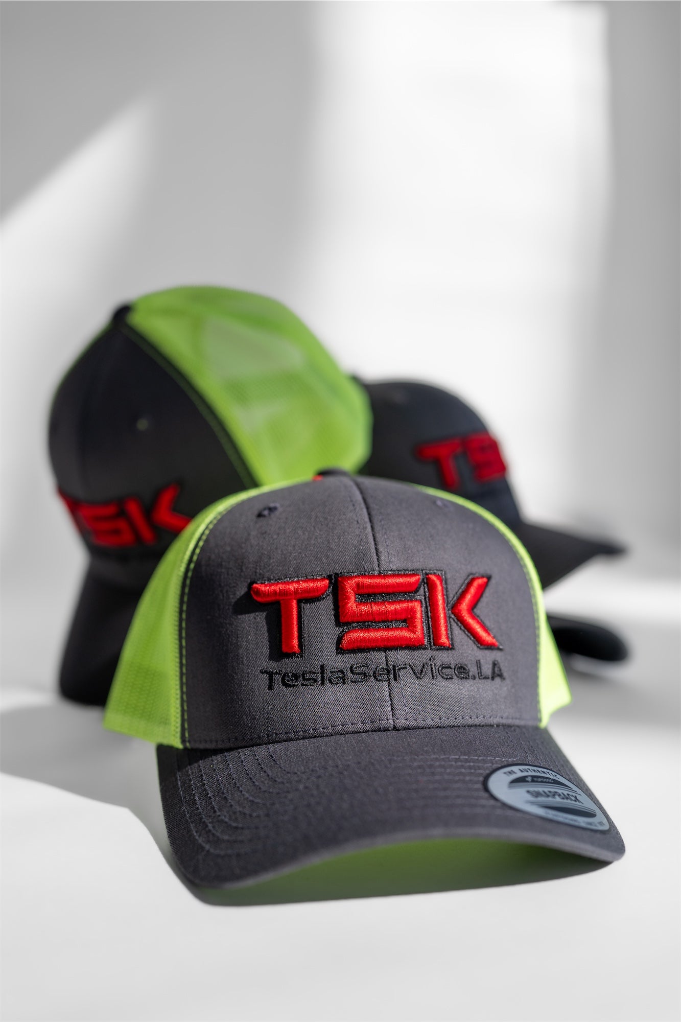 TSK Trucker Hat TeslaService.LA – Black Neon Green Snapback Cap