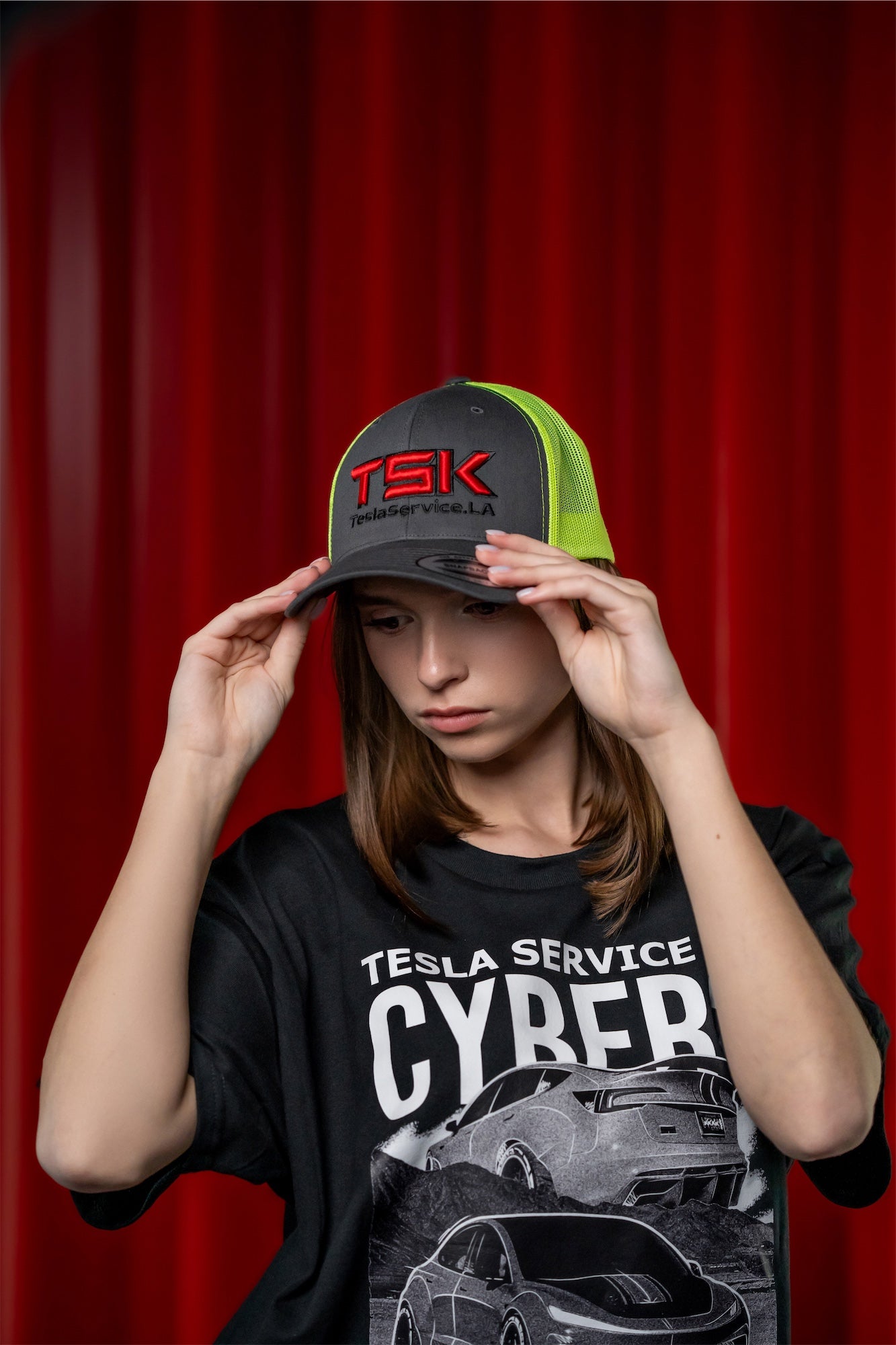 TSK Trucker Hat TeslaService.LA – Black Neon Green Snapback Cap