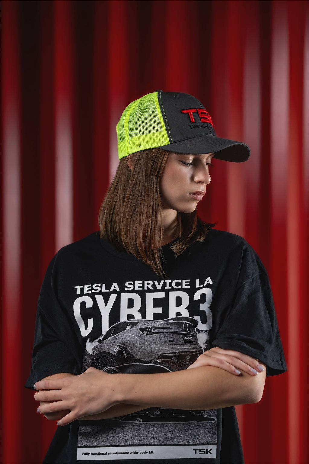 TSK Trucker Hat TeslaService.LA – Black Neon Green Snapback Cap