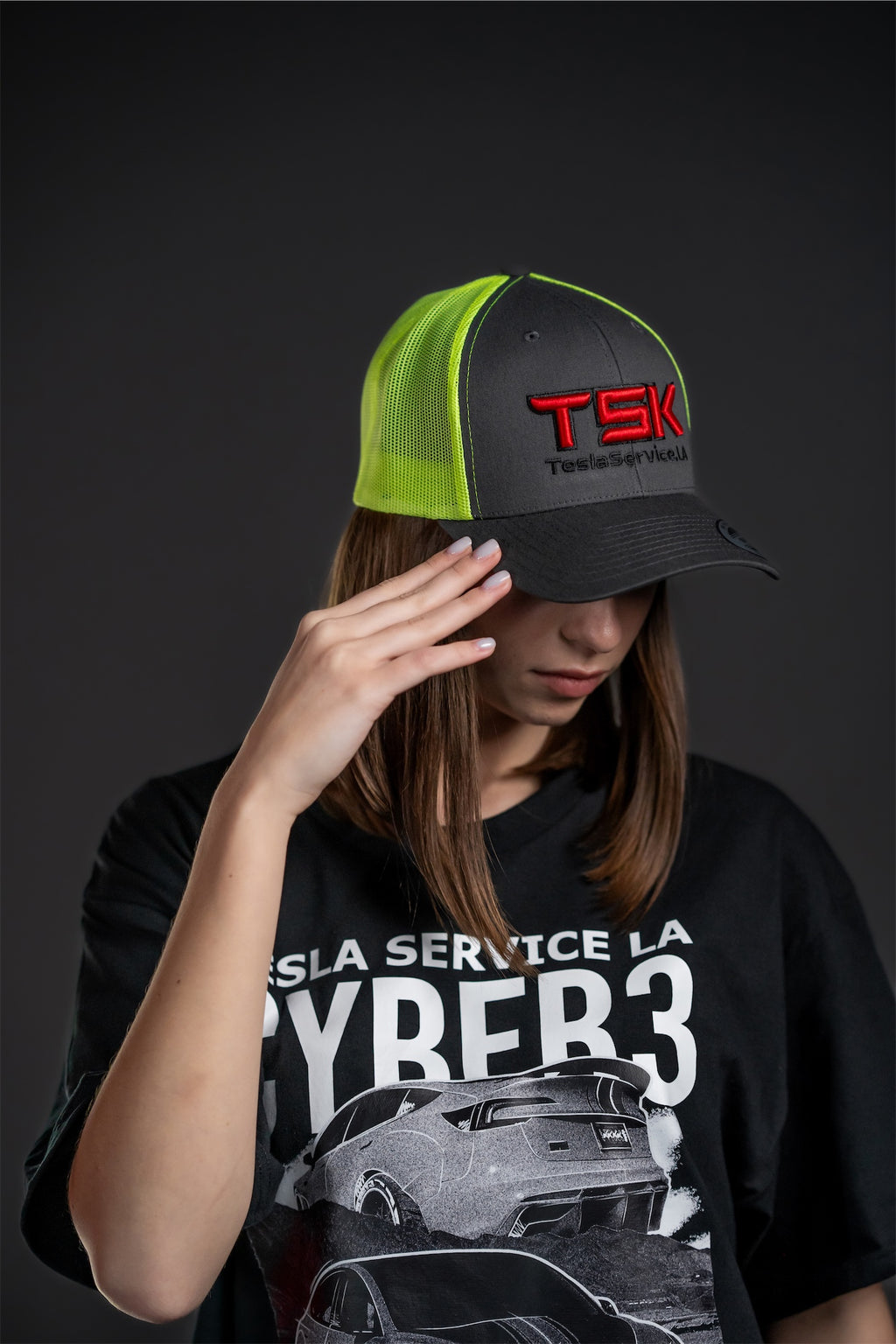 TSK Trucker Hat TeslaService.LA – Black Neon Green Snapback Cap